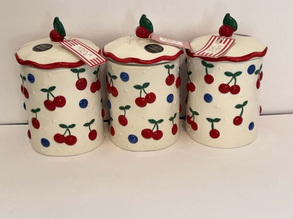 Luna & Sage Cherry Blueberry Ceramic Canister Set of 3 Hand Painted NWT